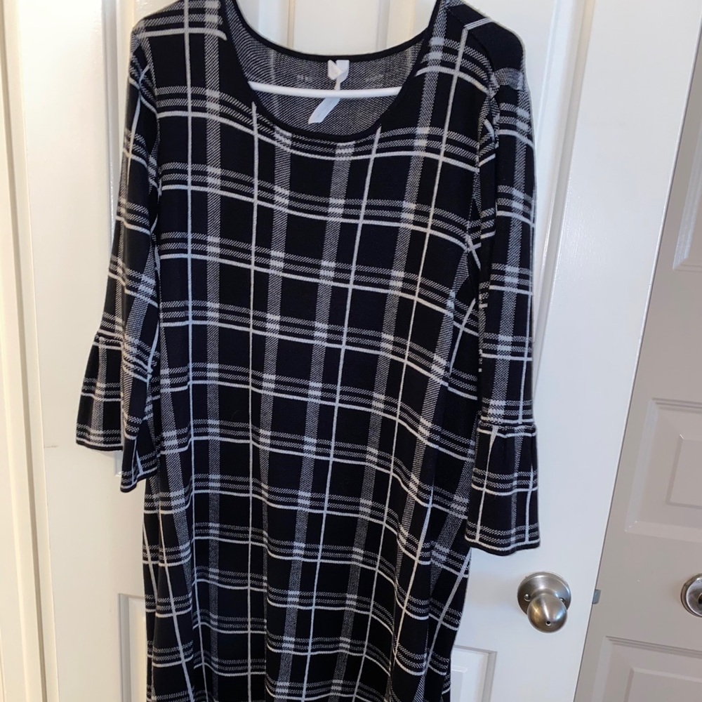 Black and white sweater dress with bell sleeves